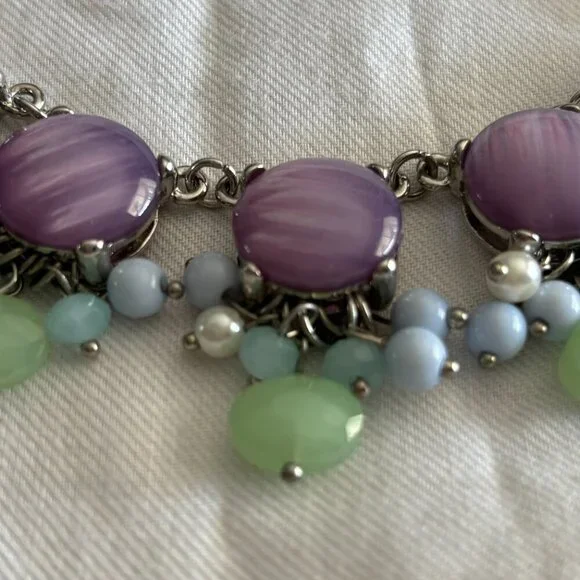 Pastel Cat Eye Statement Necklace Lavender Cabochon Mint Blue Charms - Picture 3 of 7